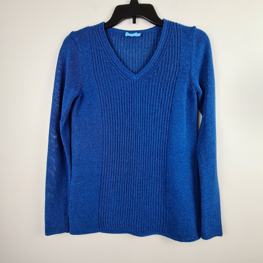 J. McLaughlin Donovan Sweater Size XS Blue V-neck Ribbed Open‎ Knit Stretch